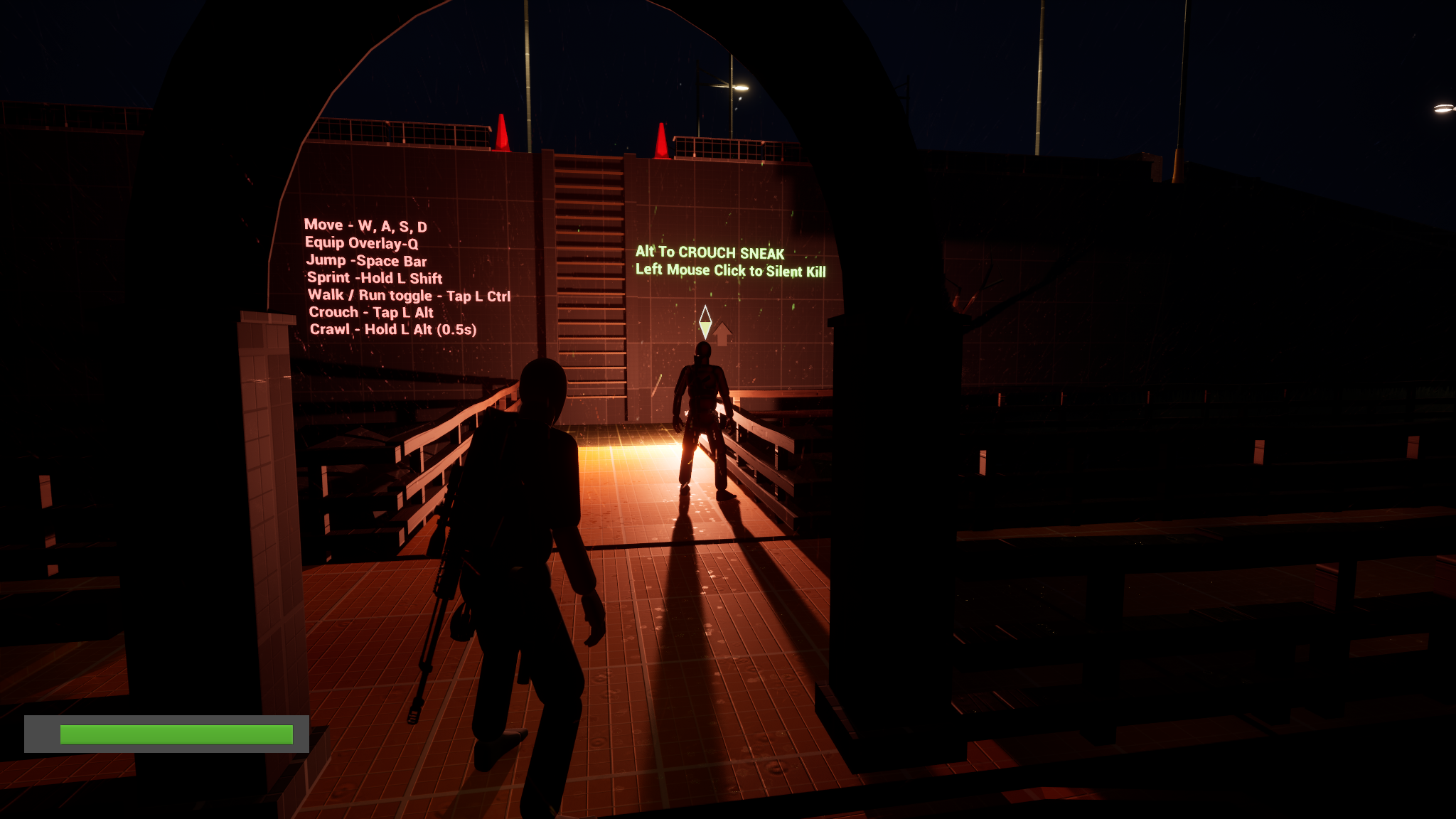Boat dock archway: Searcher guard in orange light and wall tutorial prompts