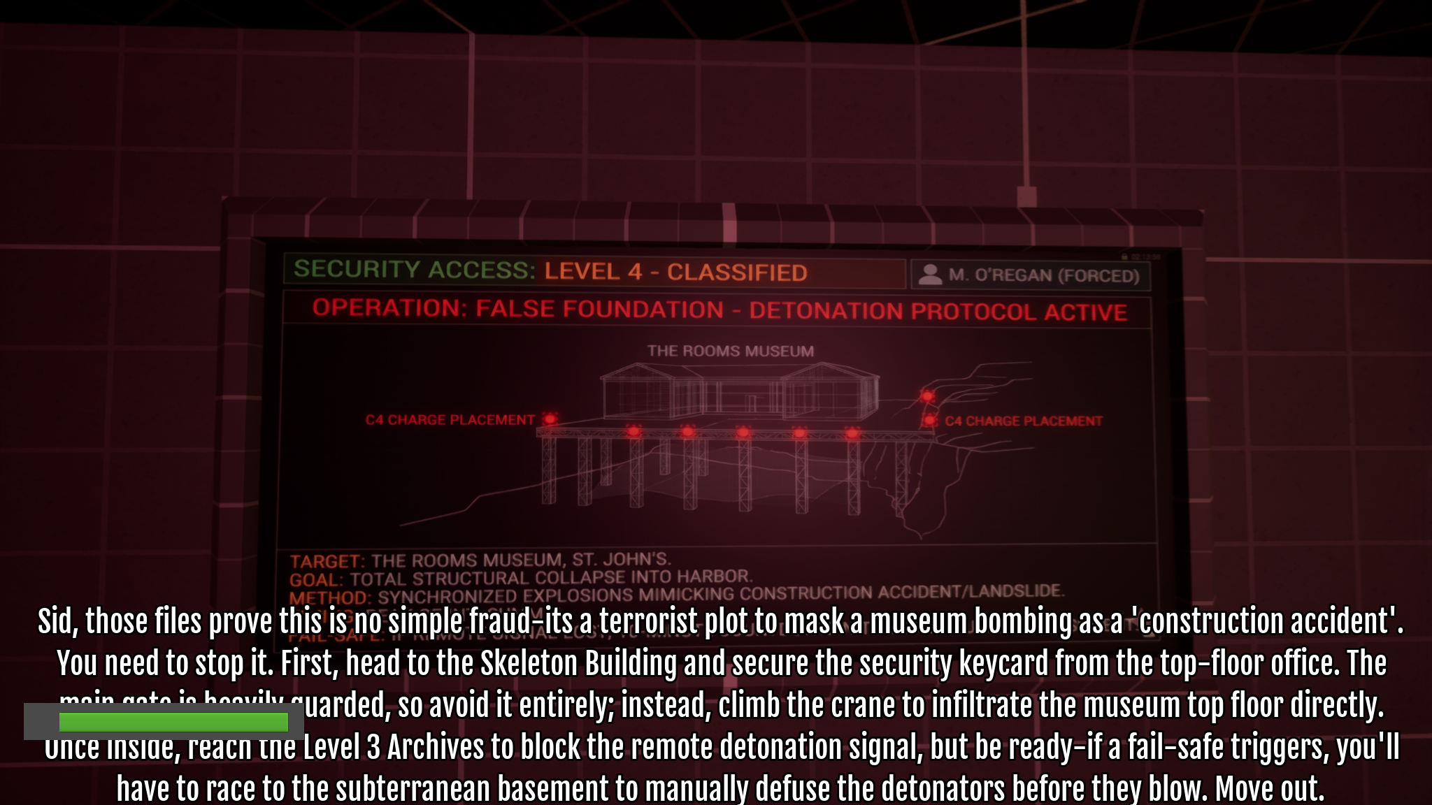 Site Trailer terminal: blueprint of The Rooms with C4 markers and detonation protocol warning