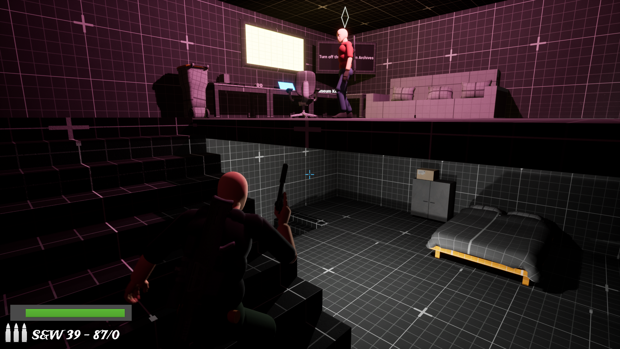 Skeleton Building: TV audio cue and path to the Museum Keycard