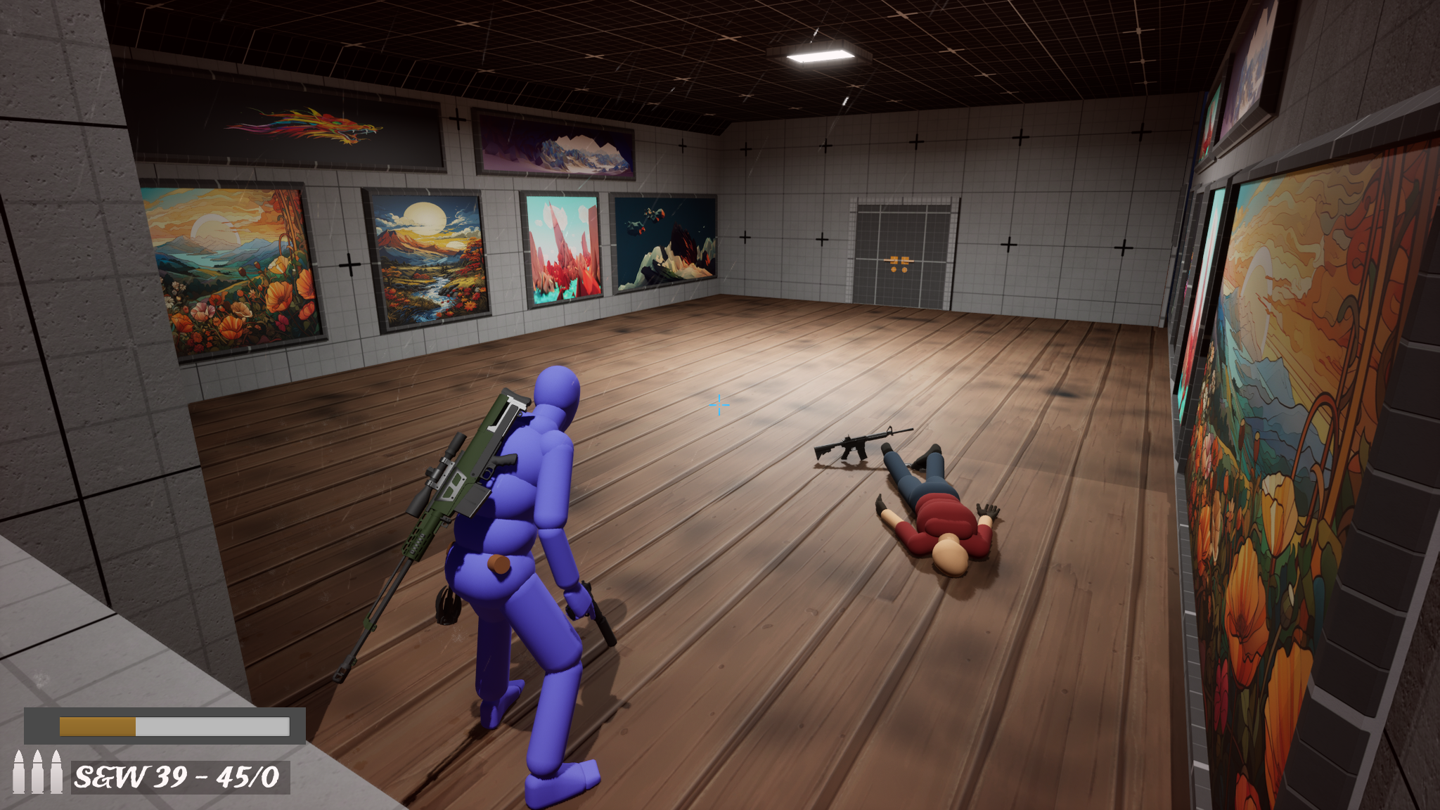 Museum top floor chokepoint: audio cue, guard, and safe gallery space