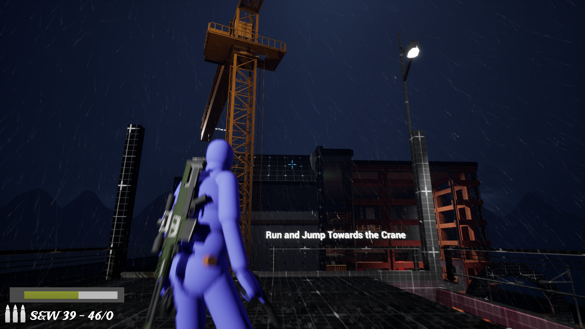Terrace objective: run and jump toward the yellow crane