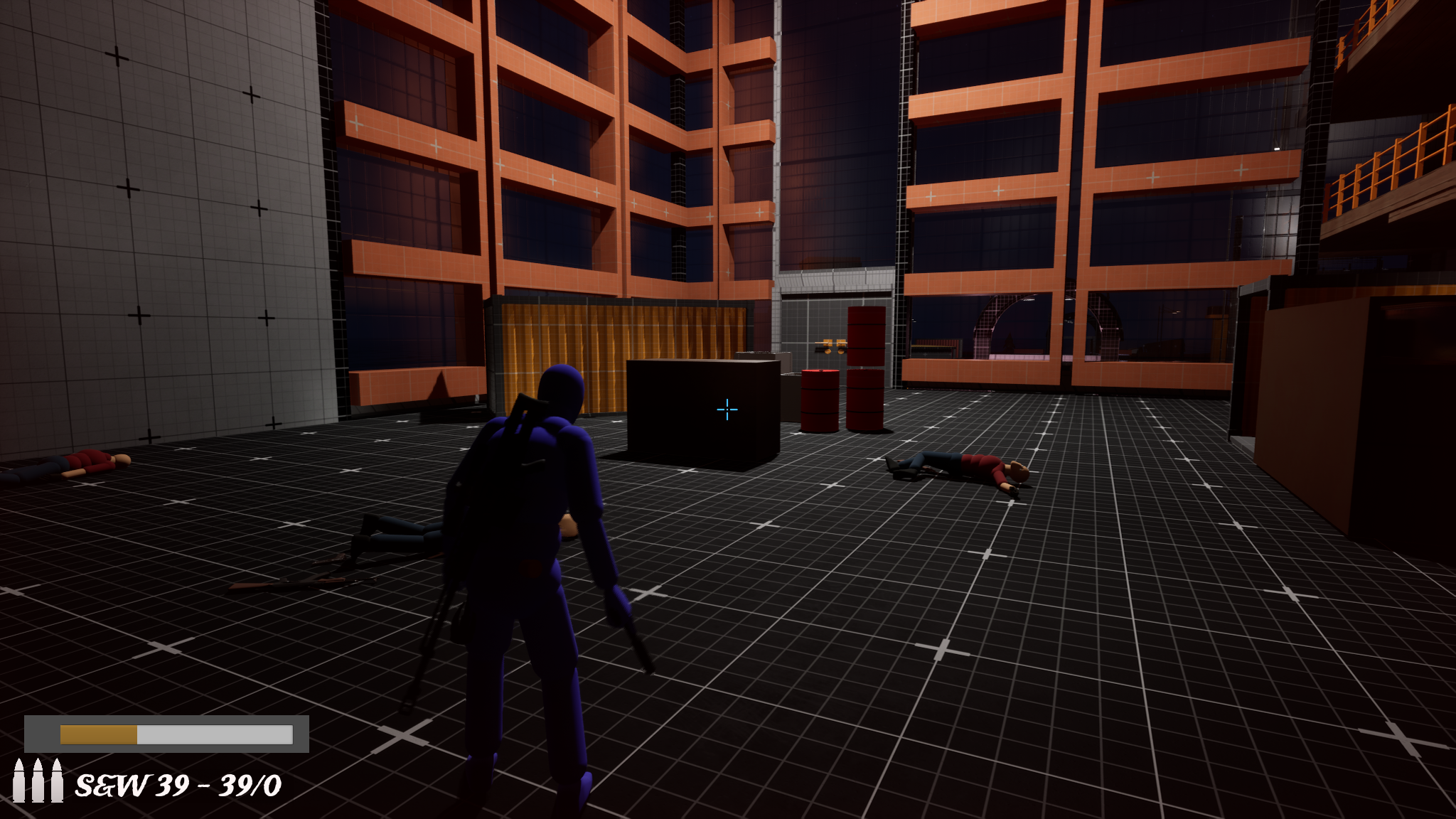 Fail-safe sprint: returning through the museum atrium toward the framed basement door