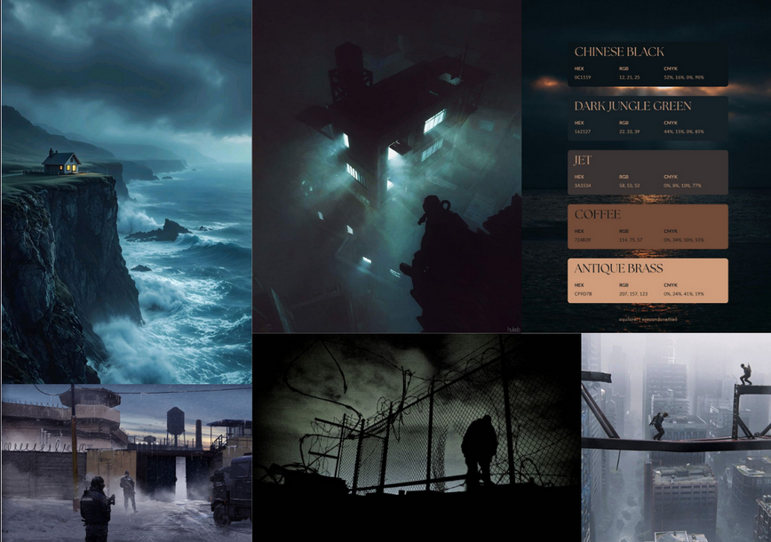 Mood board and color palette: stealth swatches and neon-on-wet-concrete night references