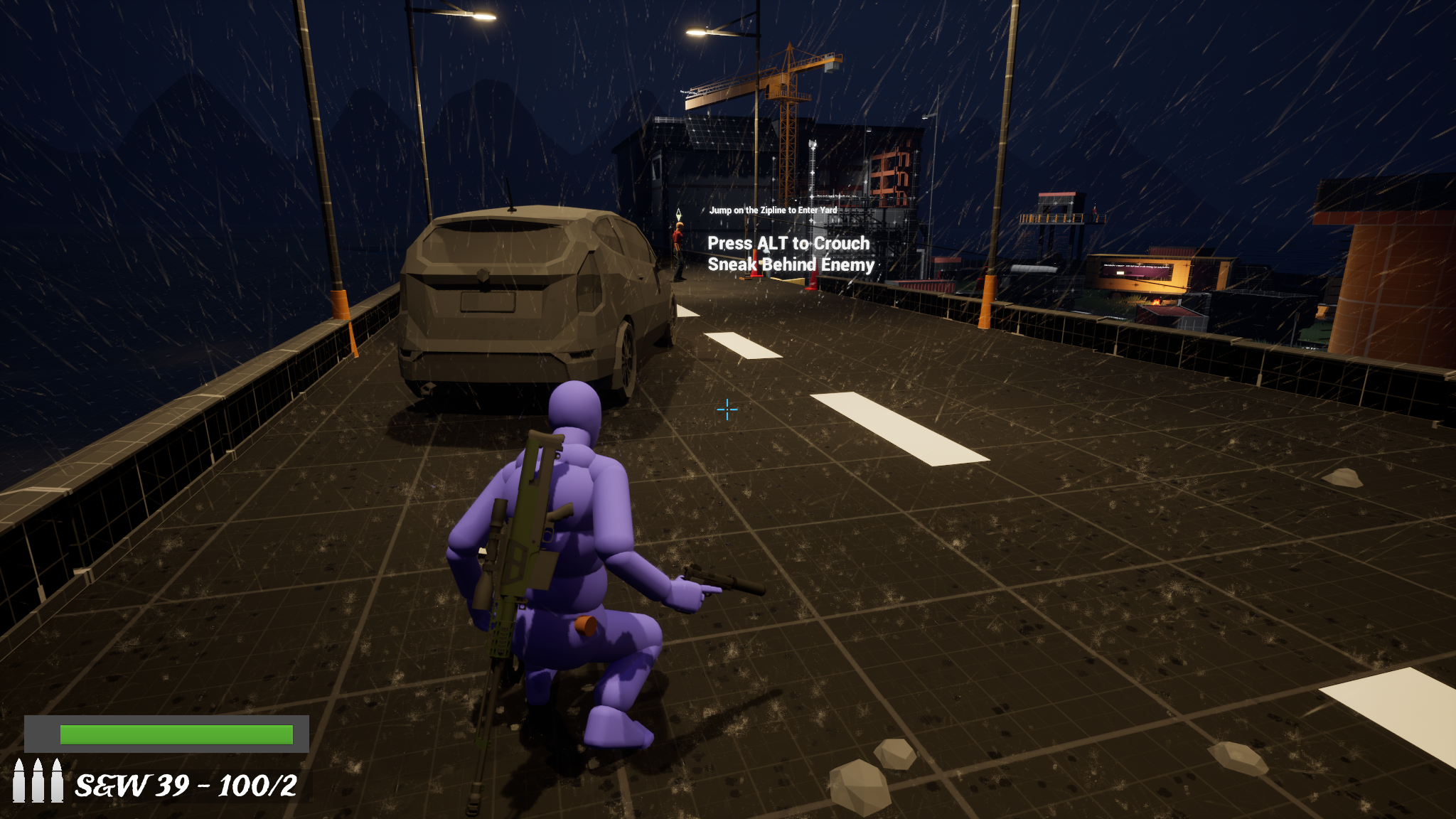 Vehicle cover, crouch prompt, and zipline alternate path near the gate