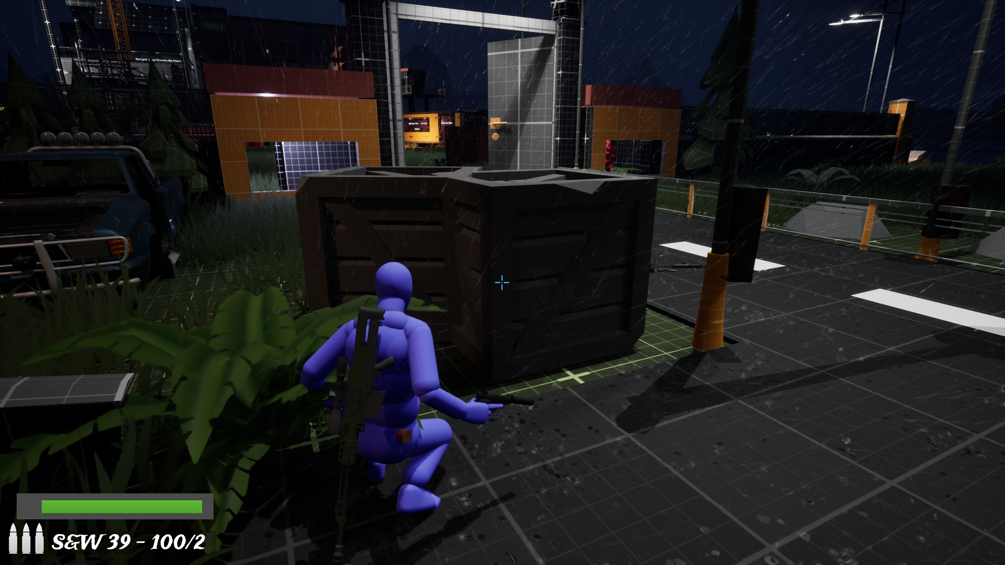Crouch behind large crates breaking Searcher sightlines in the yard